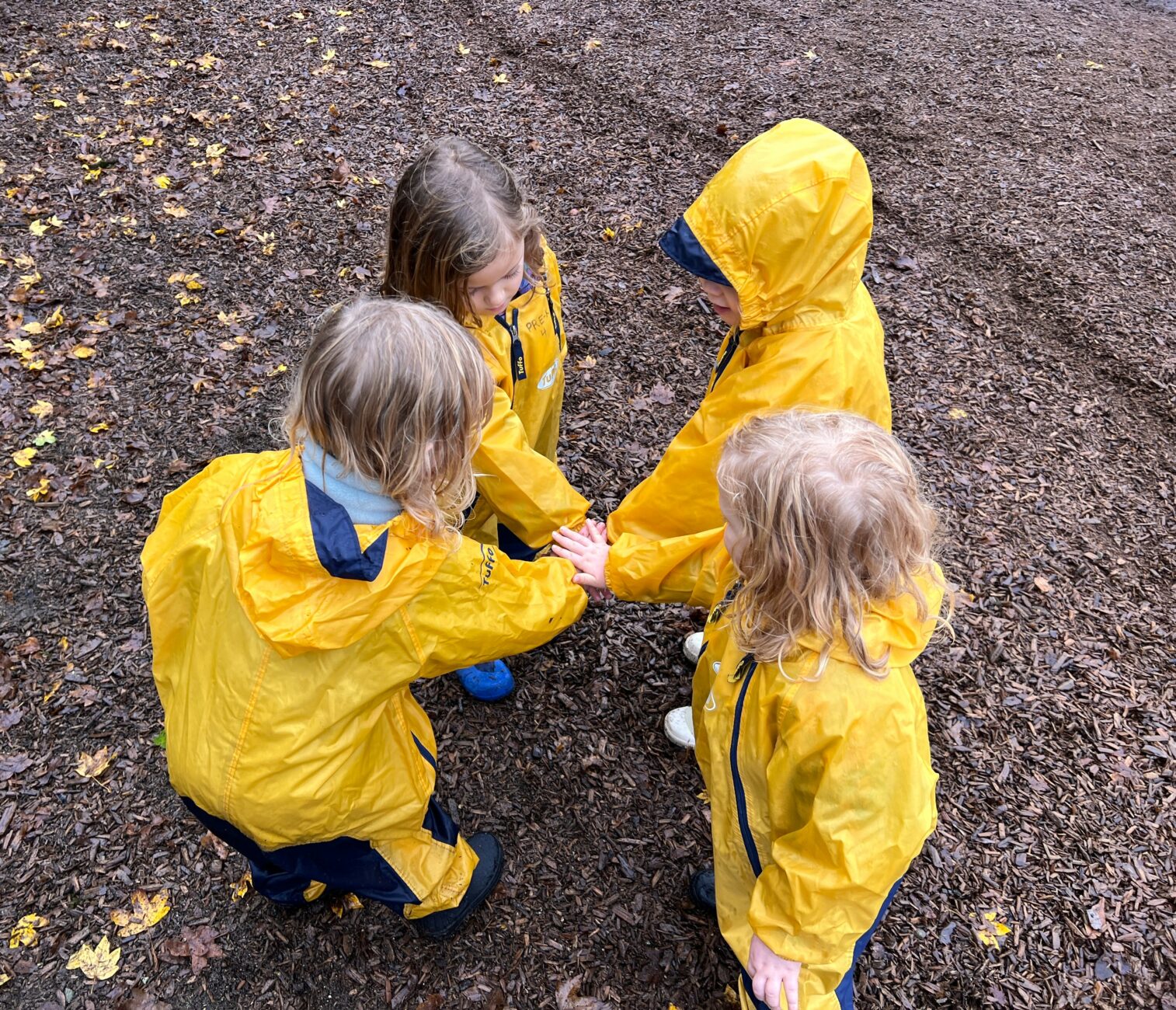 Students put their hands together in unity.