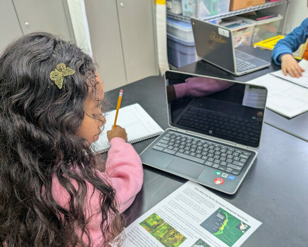 student on laptop writing